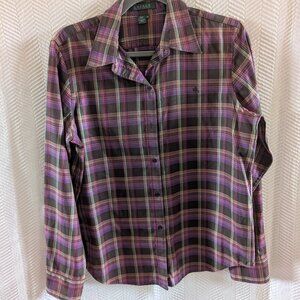 Lauren Ralph Lauren Purple & Green Plaid Button down shirt 100% Cotton Medium